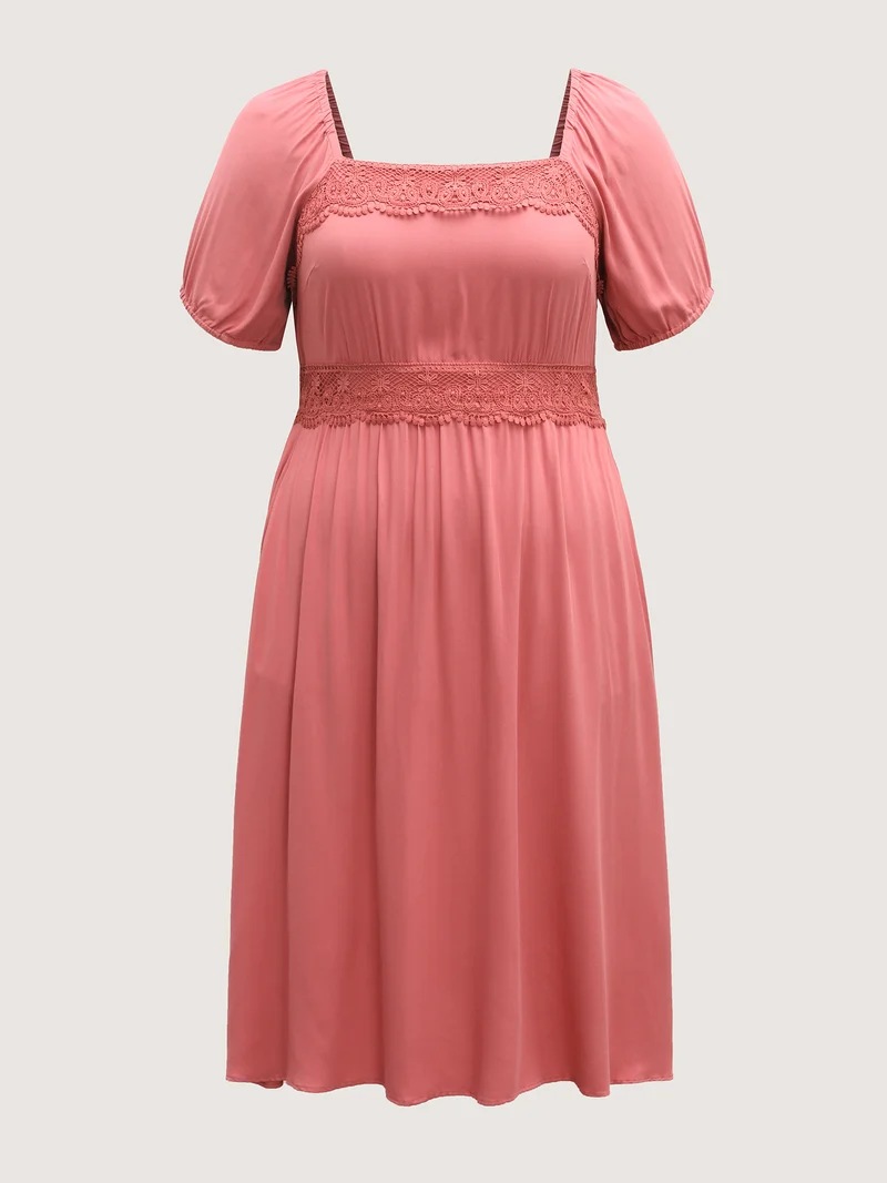 Lace Trim Stretchy Waist Pockets Midi Dress