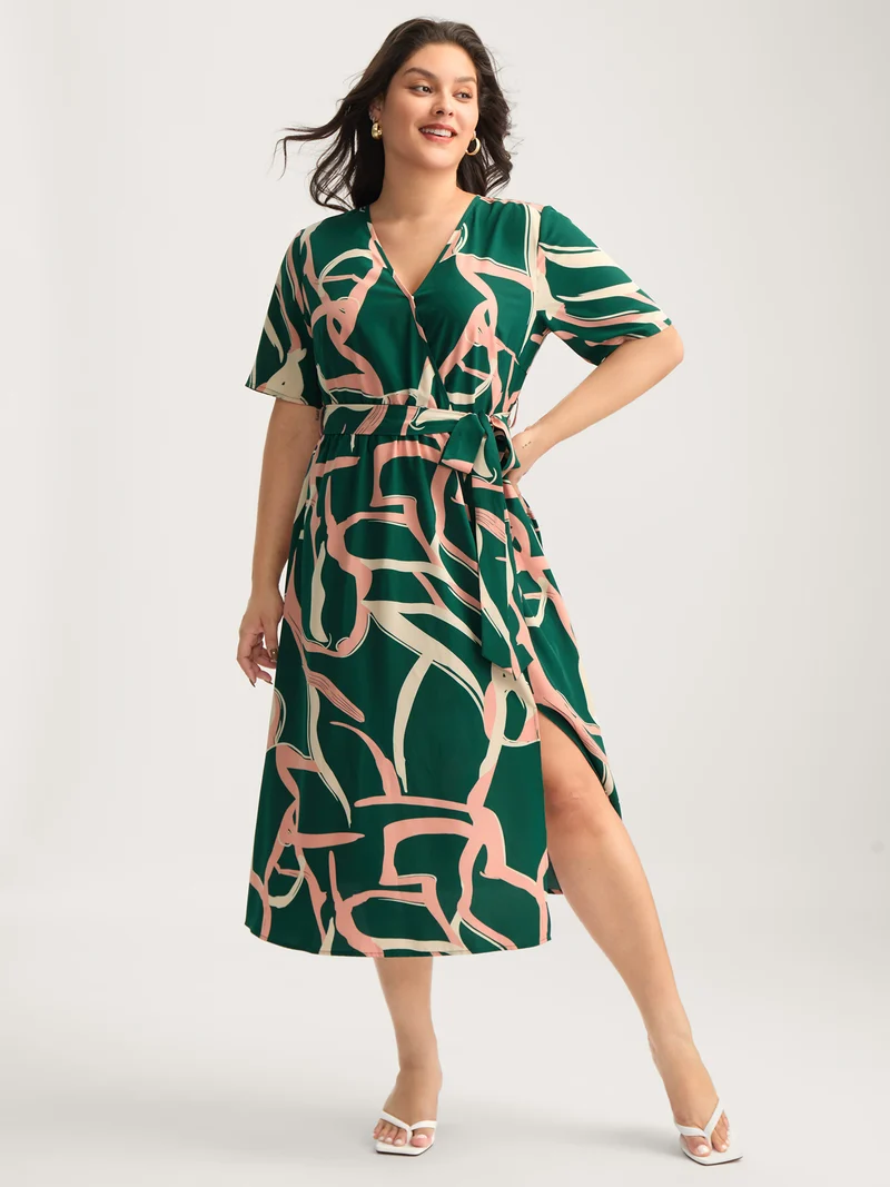 Abstract Belted Side Slit Surplice Midi Dress