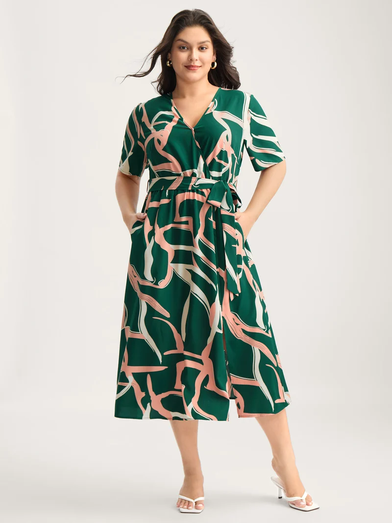 Abstract Belted Side Slit Surplice Midi Dress