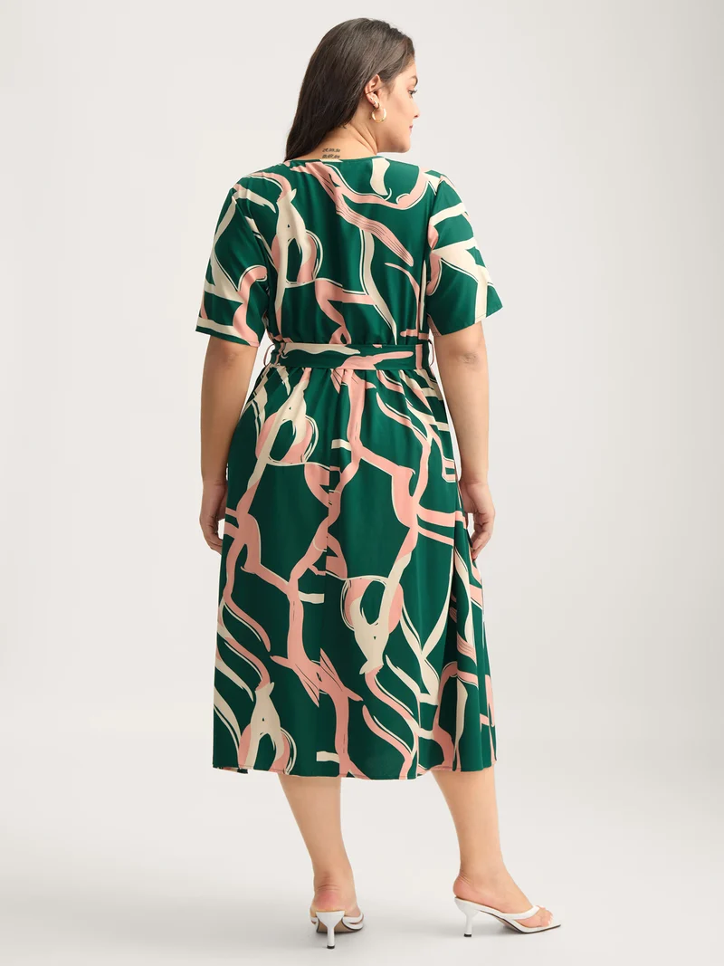 Abstract Belted Side Slit Surplice Midi Dress
