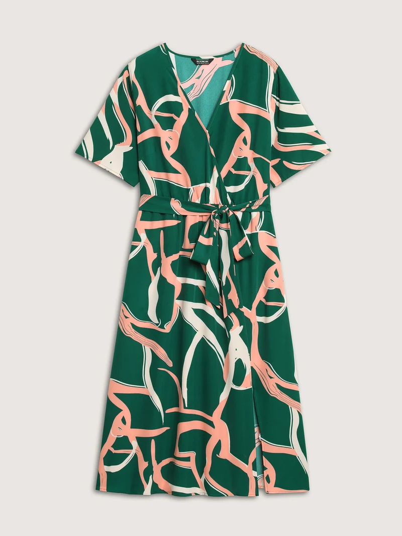 Abstract Belted Side Slit Surplice Midi Dress