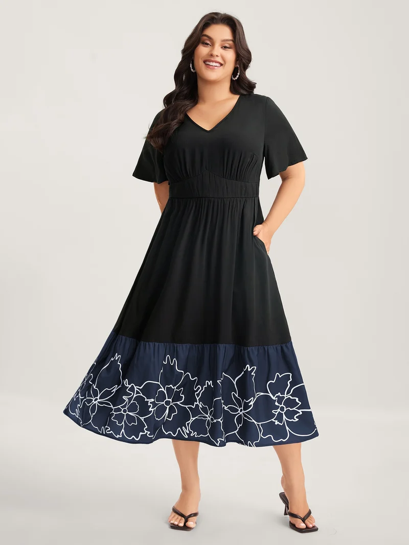 Rayon Floral Hem Cinched-Waist Midi Dress