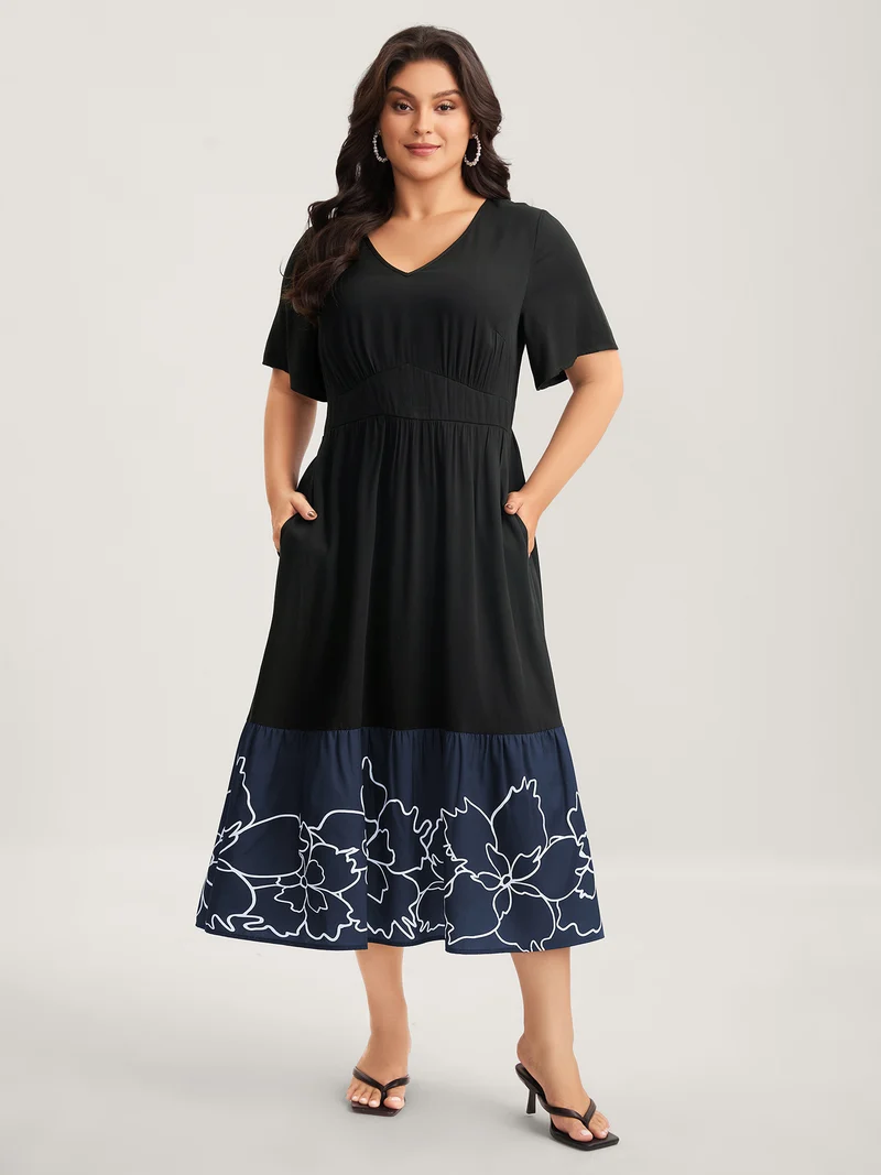 Rayon Floral Hem Cinched-Waist Midi Dress
