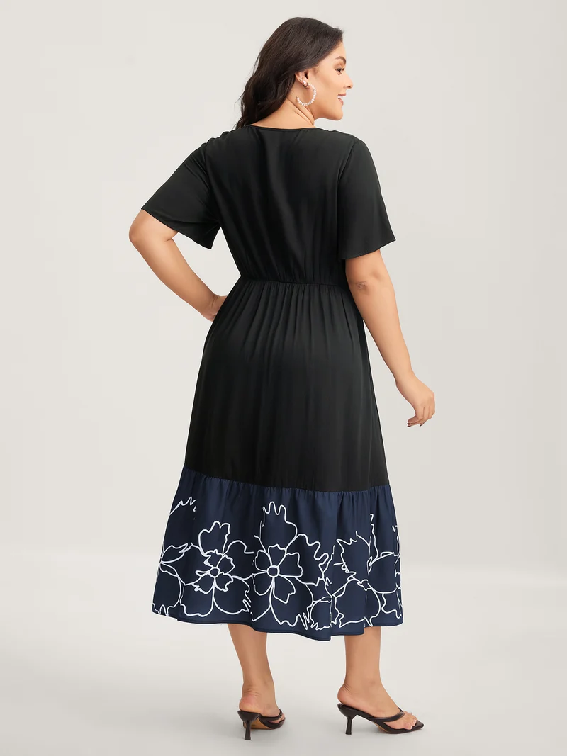 Rayon Floral Hem Cinched-Waist Midi Dress