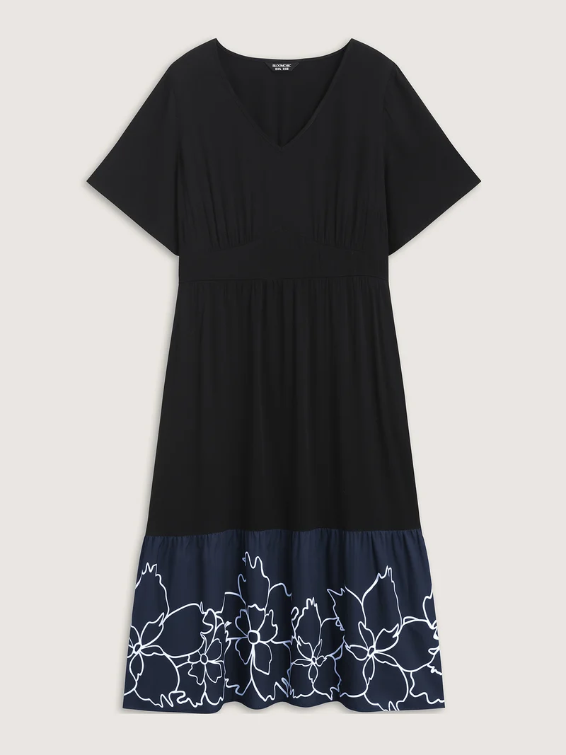 Rayon Floral Hem Cinched-Waist Midi Dress