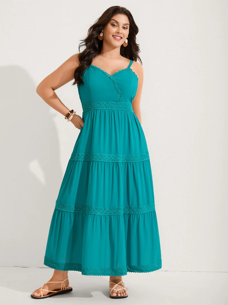 Deep V-Neck Lace Tiered Midi Dress