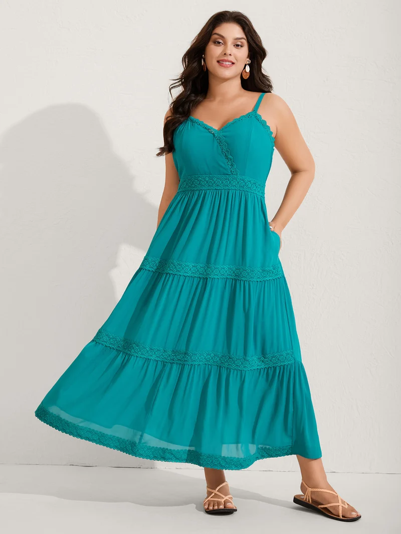 Deep V-Neck Lace Tiered Midi Dress