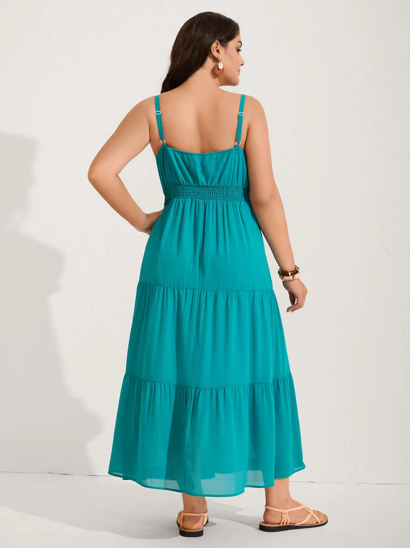 Deep V-Neck Lace Tiered Midi Dress