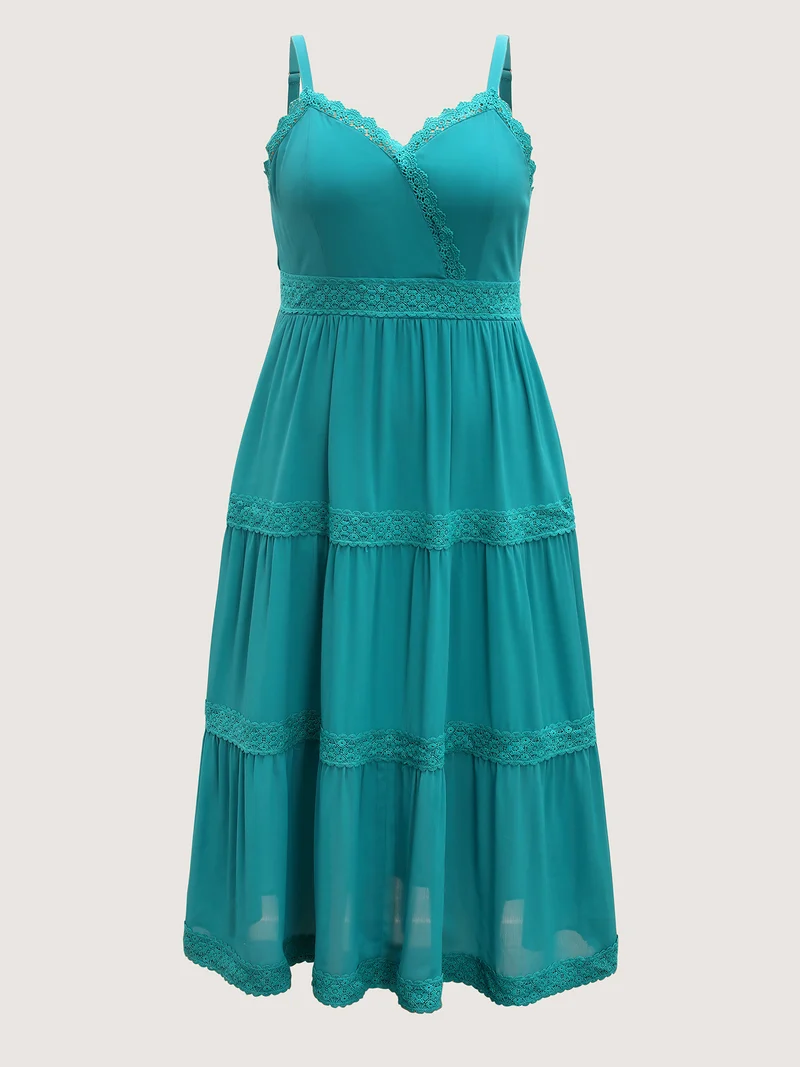 Deep V-Neck Lace Tiered Midi Dress