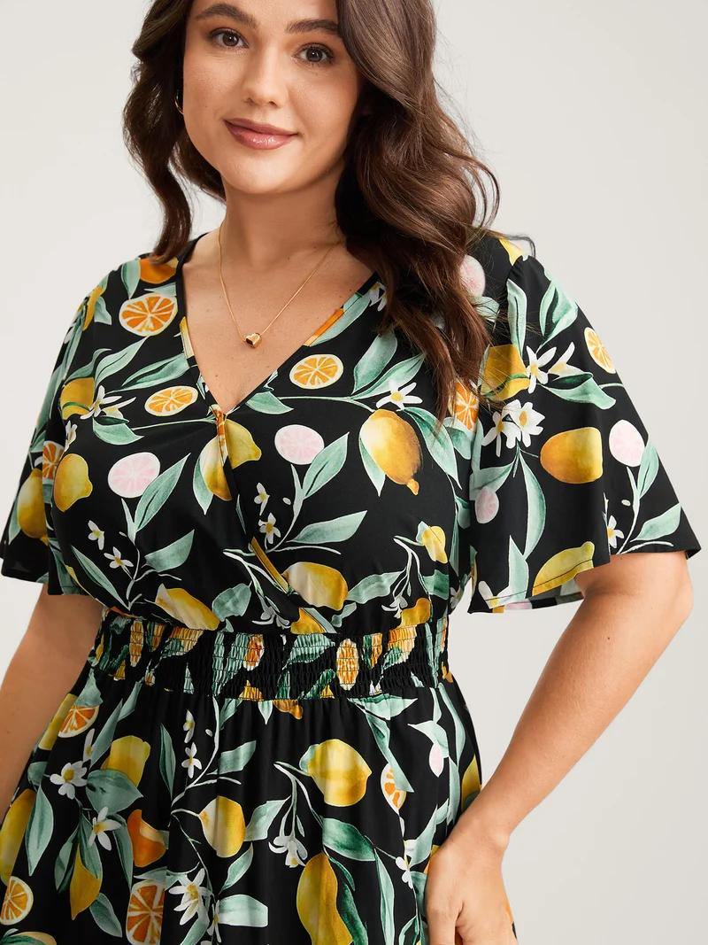 Citrus Print Overlap Neck Shirred Midi Dress
