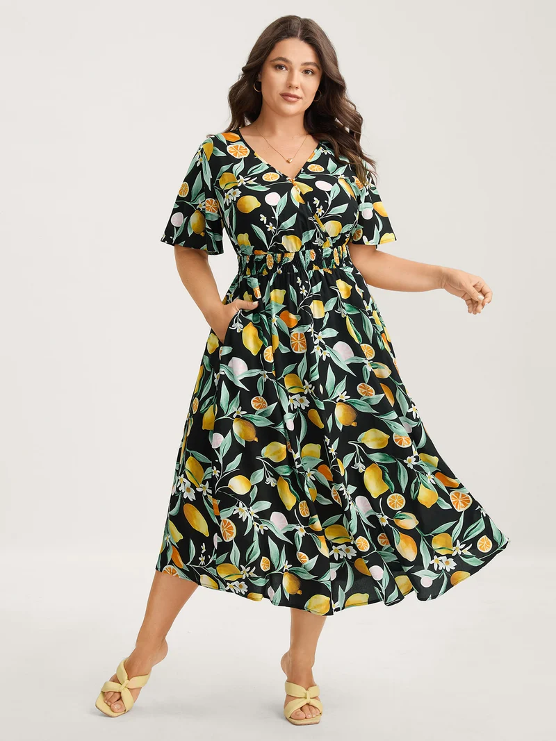Citrus Print Overlap Neck Shirred Midi Dress