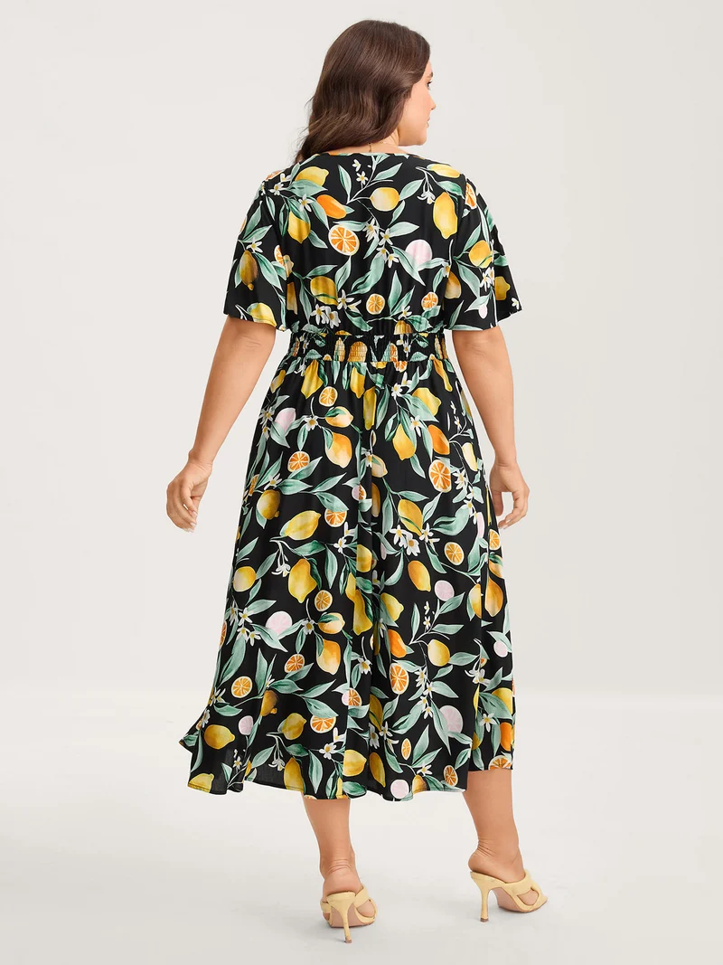 Citrus Print Overlap Neck Shirred Midi Dress