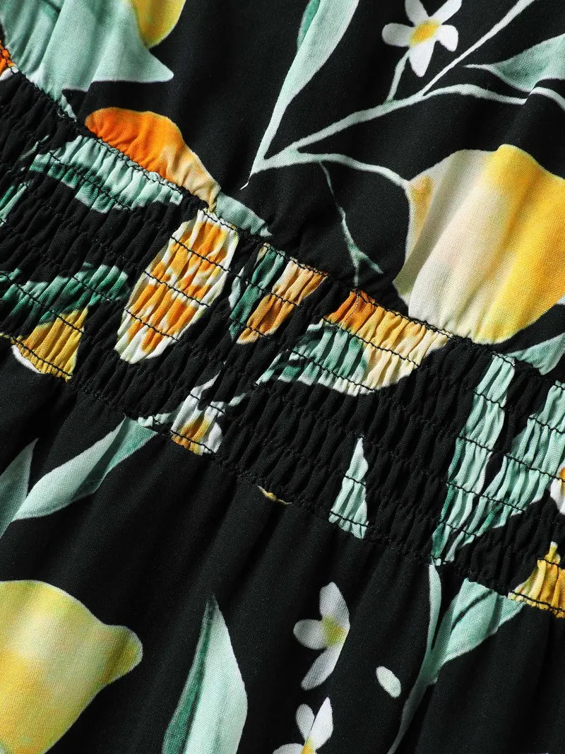 Citrus Print Overlap Neck Shirred Midi Dress