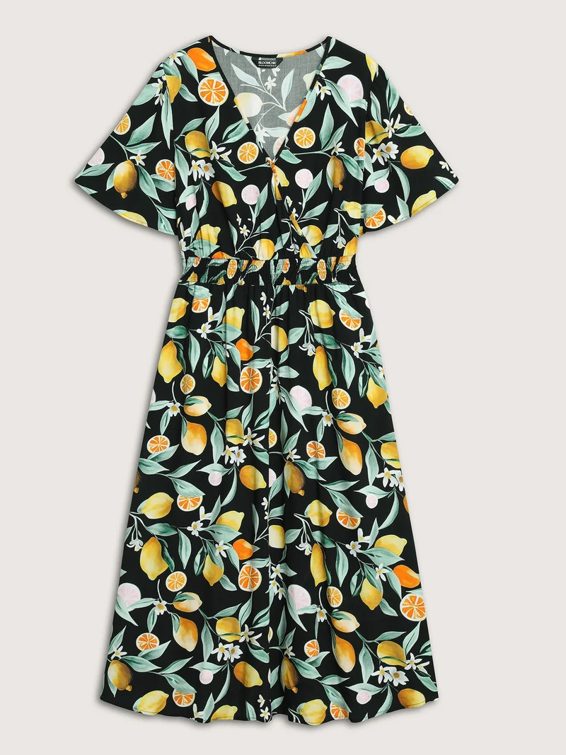 Citrus Print Overlap Neck Shirred Midi Dress