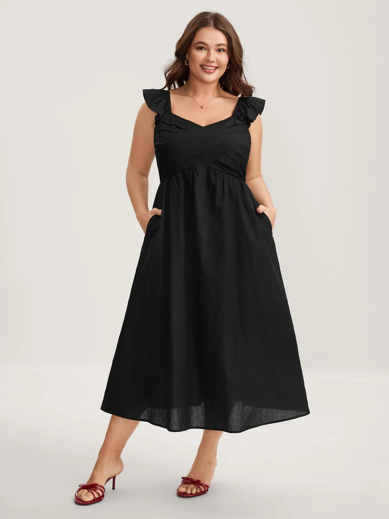 Cotton Pleated Overlap Pockets Midi Dress