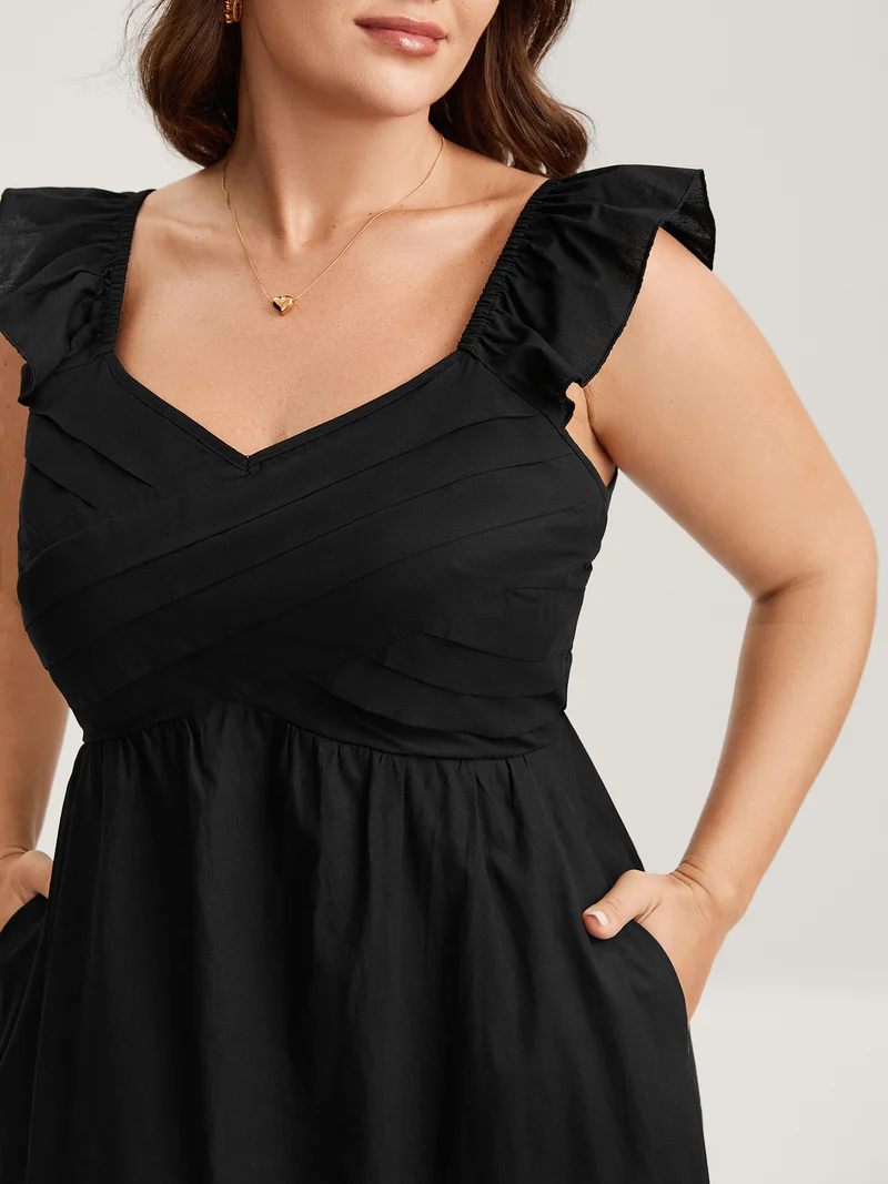 Cotton Pleated Overlap Pockets Midi Dress