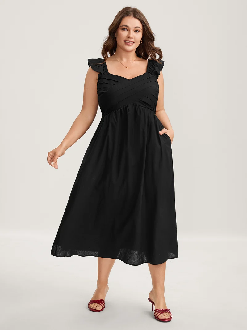 Cotton Pleated Overlap Pockets Midi Dress