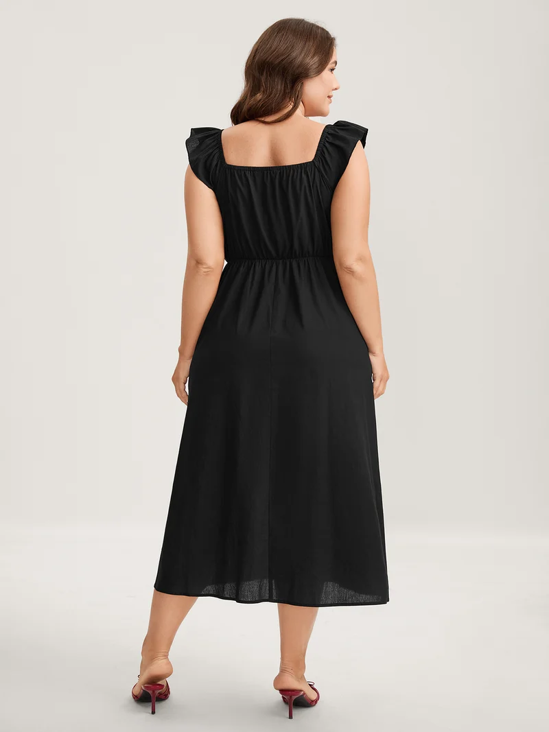 Cotton Pleated Overlap Pockets Midi Dress