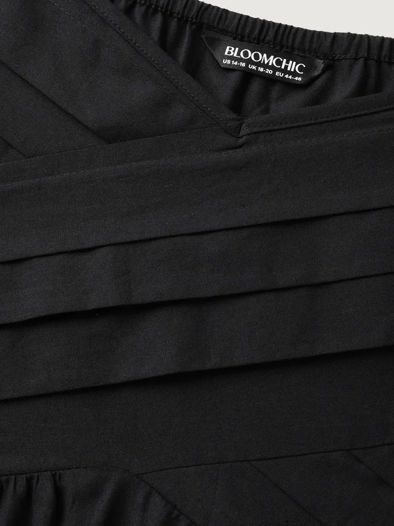 Cotton Pleated Overlap Pockets Midi Dress