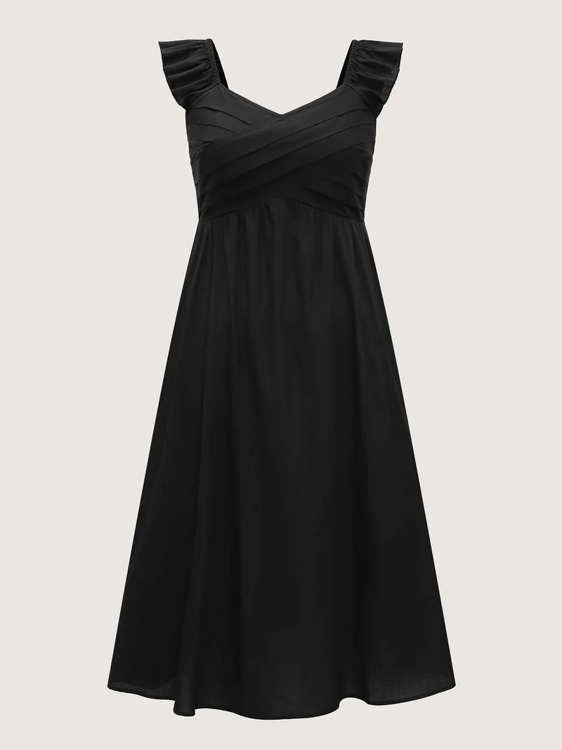 Cotton Pleated Overlap Pockets Midi Dress
