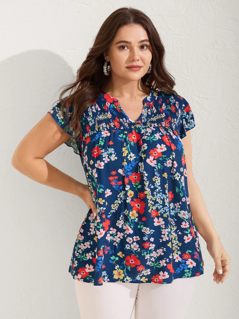 Rayon Playful Floral Shirred Blouse