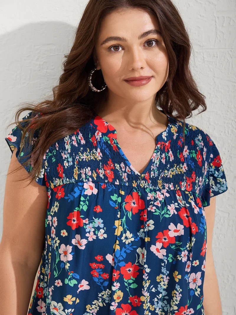 Rayon Playful Floral Shirred Blouse