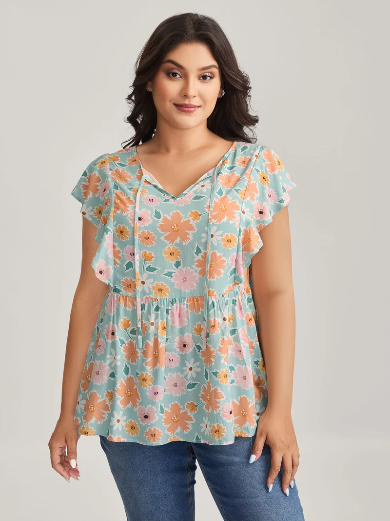 Floral Print Ruffled Sleeve Blouse
