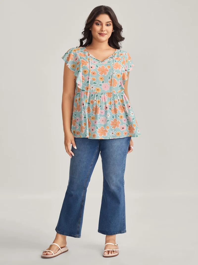 Floral Print Ruffled Sleeve Blouse