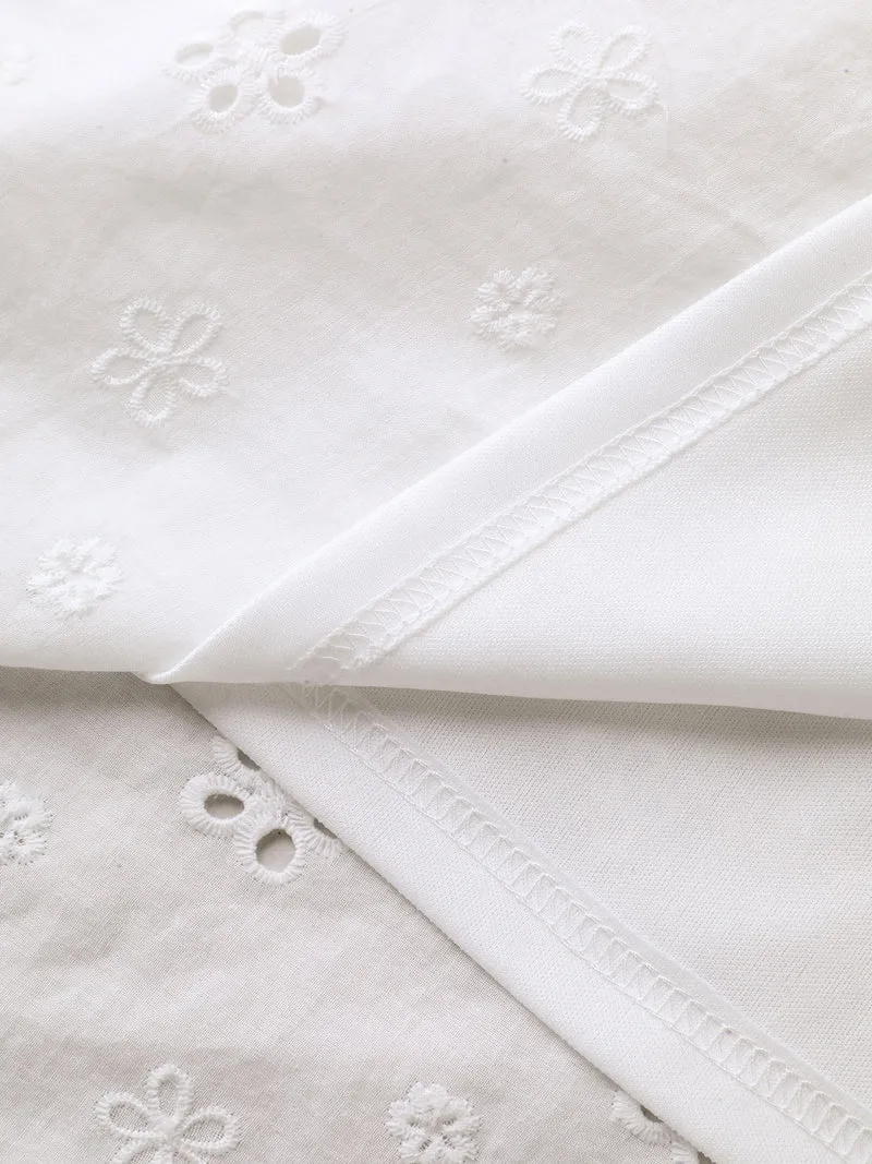 Cotton Eyelet Trim Solid Lined Midi Skirt