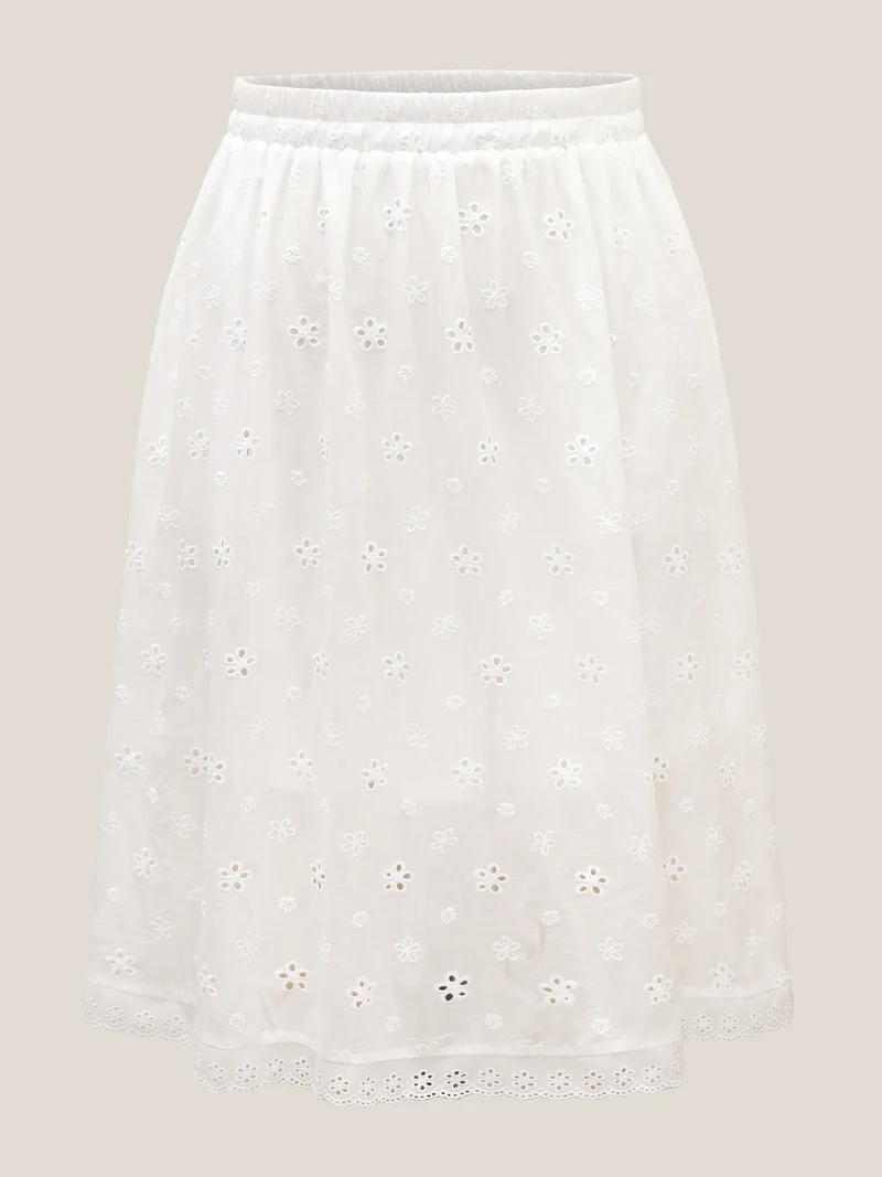 Cotton Eyelet Trim Solid Lined Midi Skirt