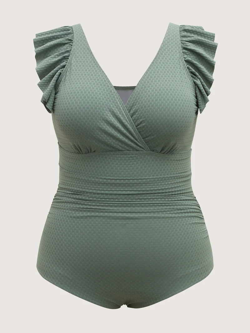 Textured Ruffled Solid One-Piece Swimsuit