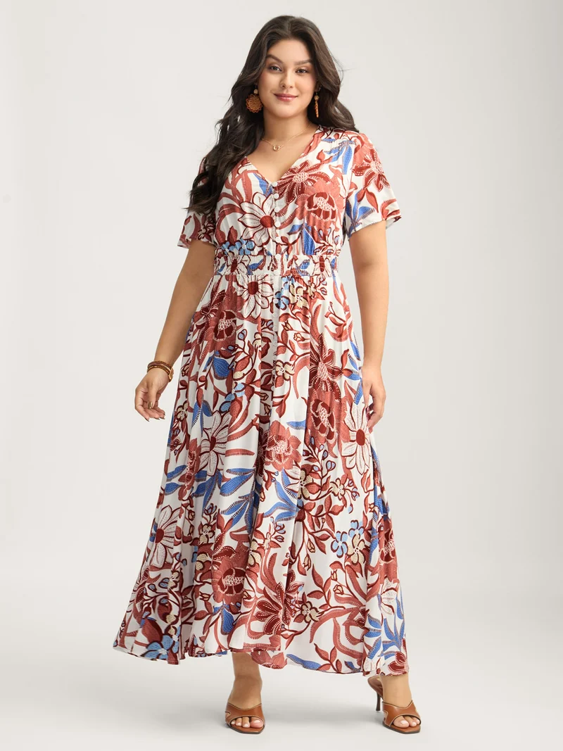 Large Floral Print Button Placket Midi Dress