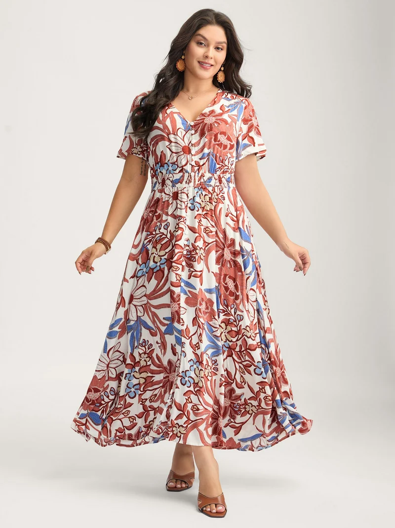 Large Floral Print Button Placket Midi Dress