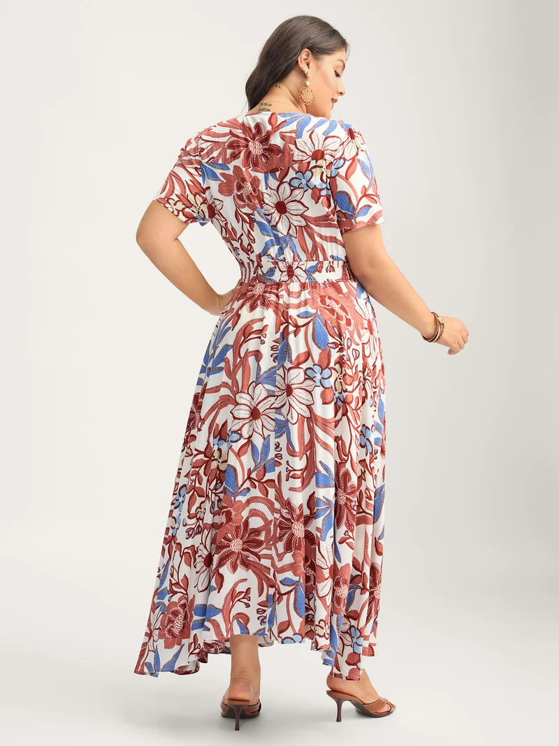 Large Floral Print Button Placket Midi Dress
