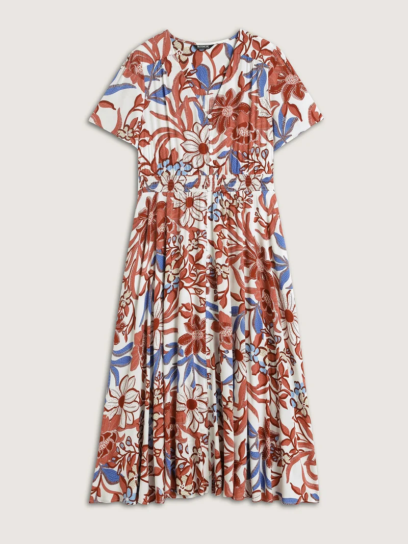 Large Floral Print Button Placket Midi Dress