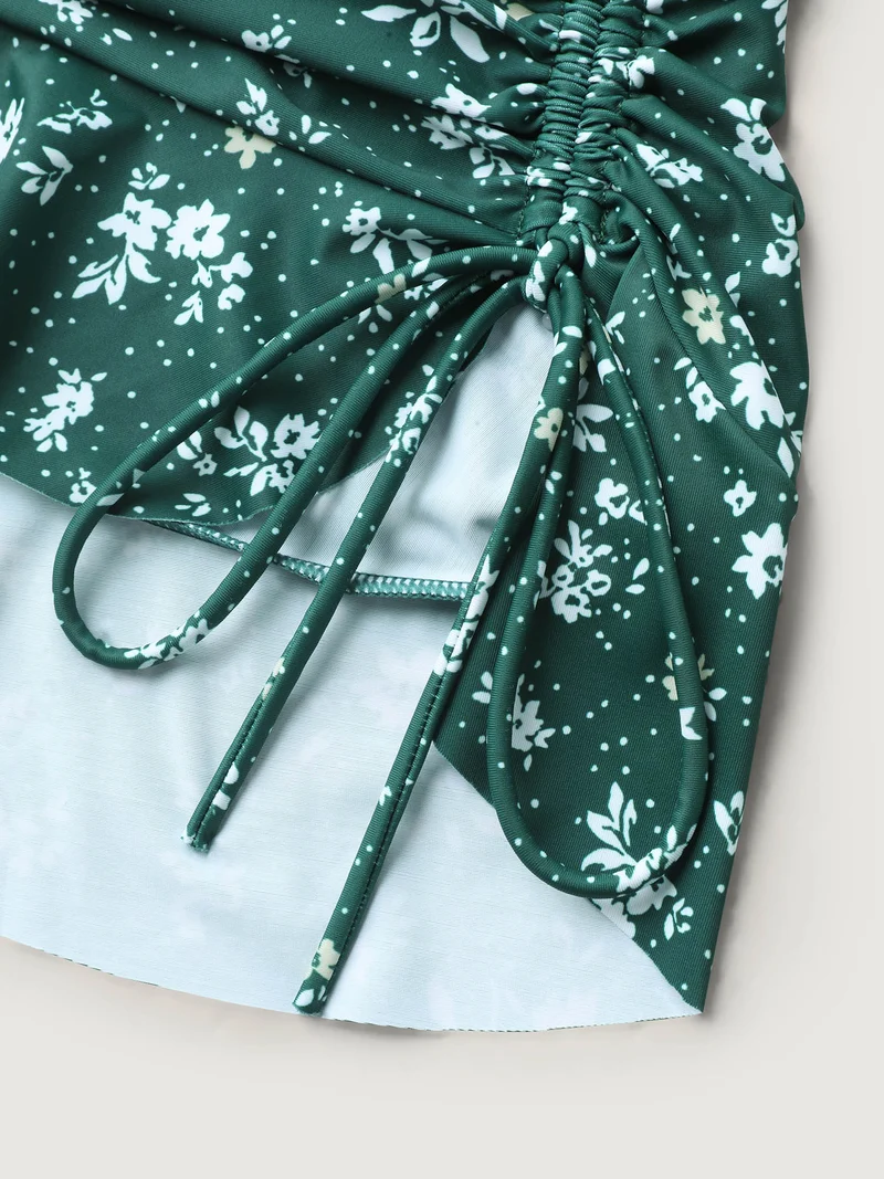 Ditsy Floral Print Drawstring Swim Dress
