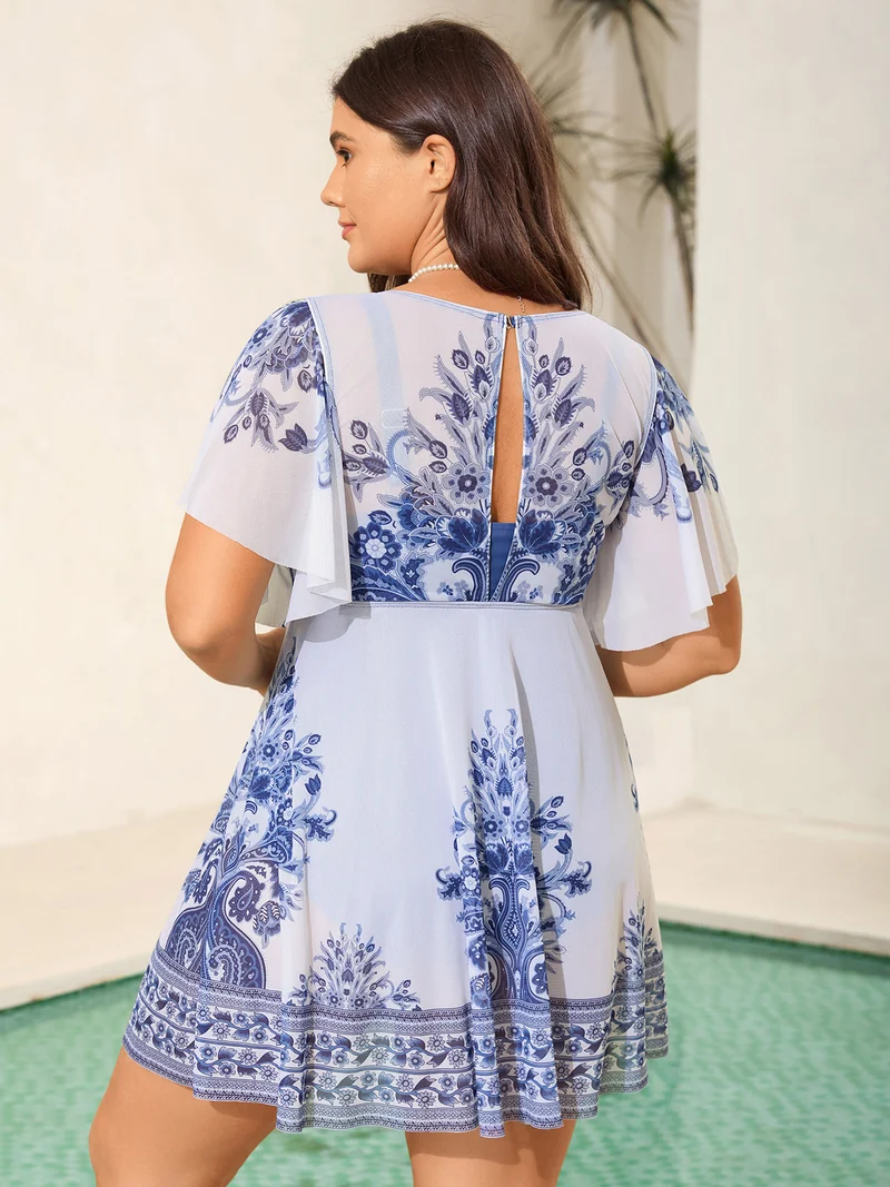 Boho Print Sheer Back Adjustable Buckle Swim Dress