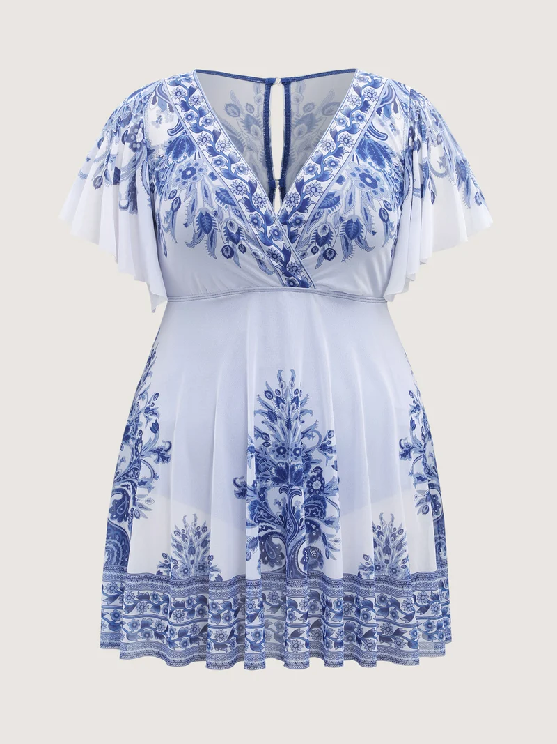 Boho Print Sheer Back Adjustable Buckle Swim Dress