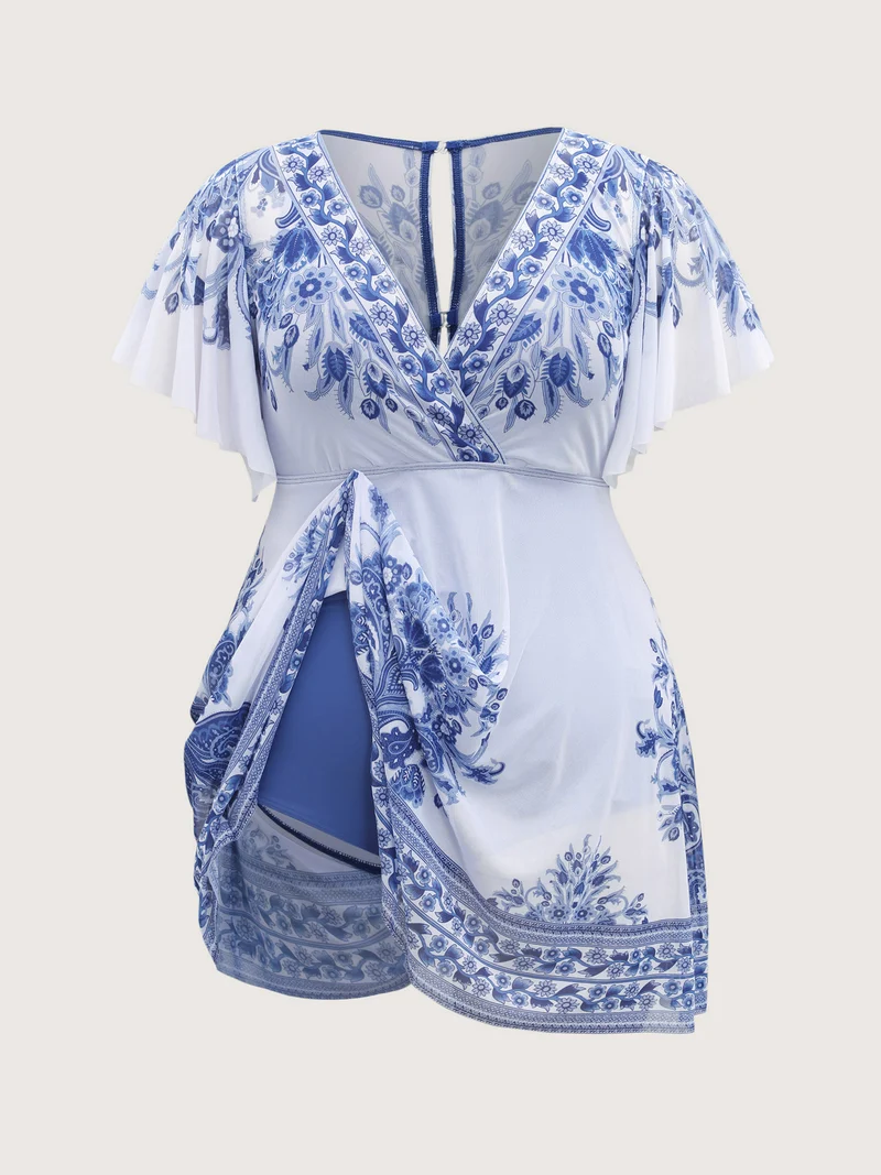Boho Print Sheer Back Adjustable Buckle Swim Dress