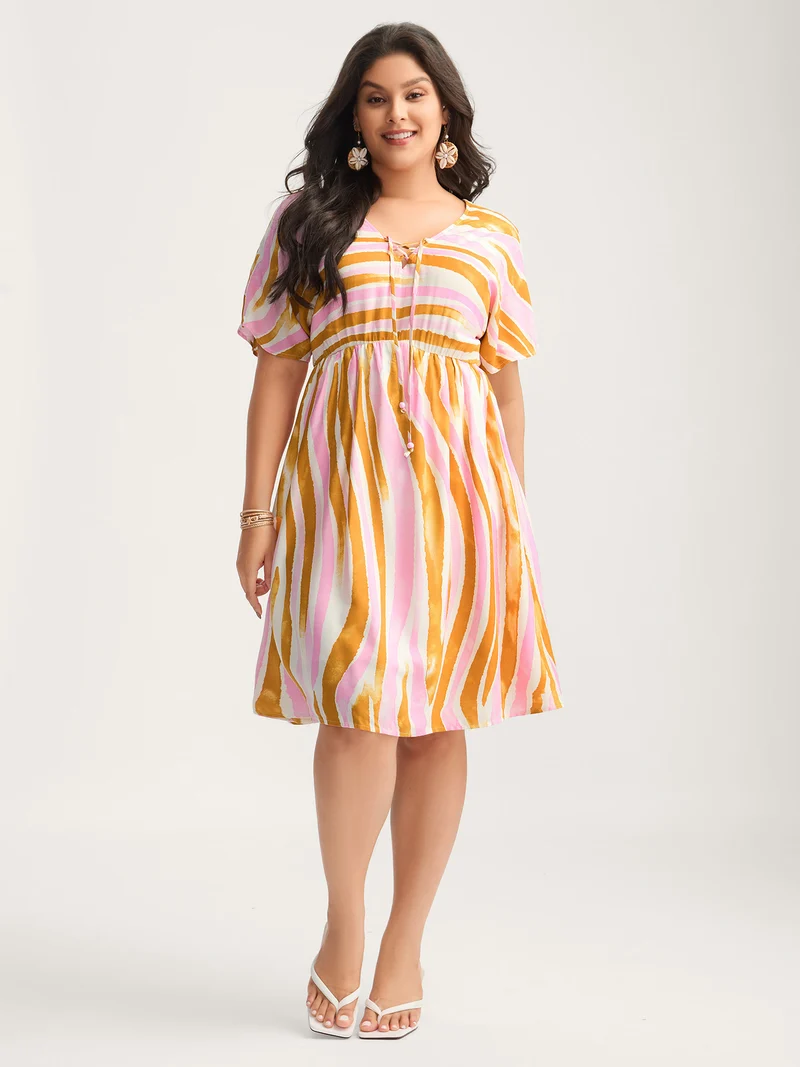 Wavy Stripes Neck Tie Tiered Midi Dress