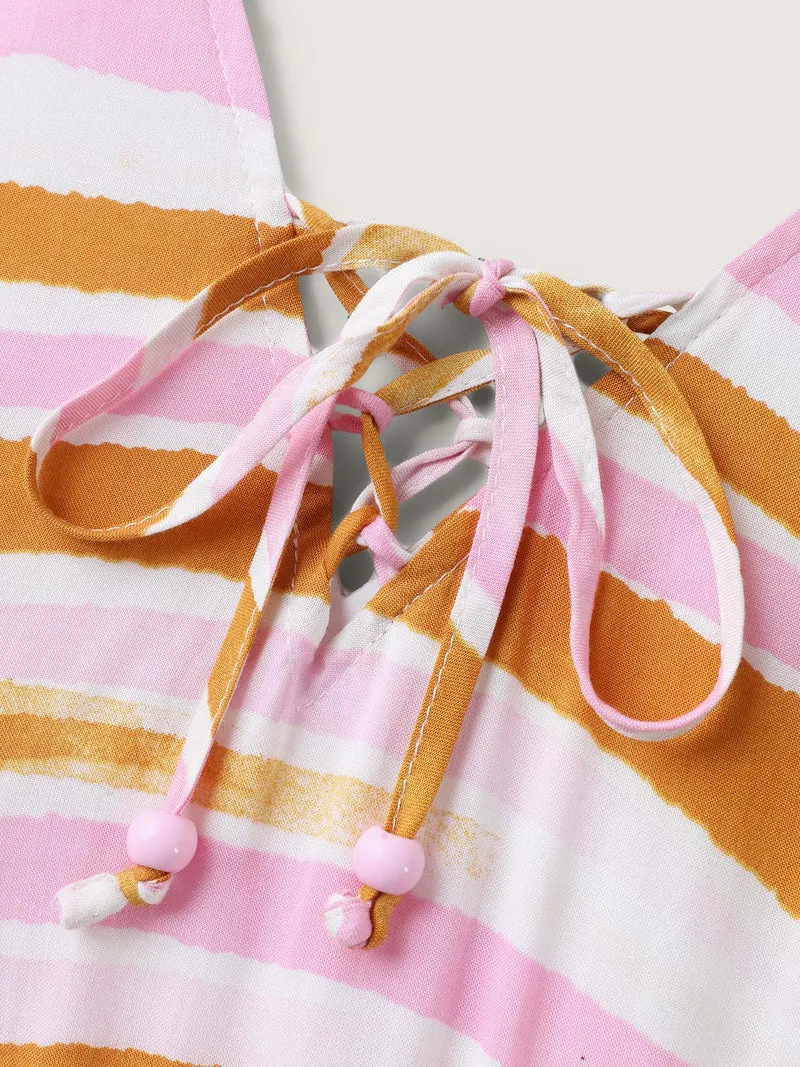 Wavy Stripes Neck Tie Tiered Midi Dress