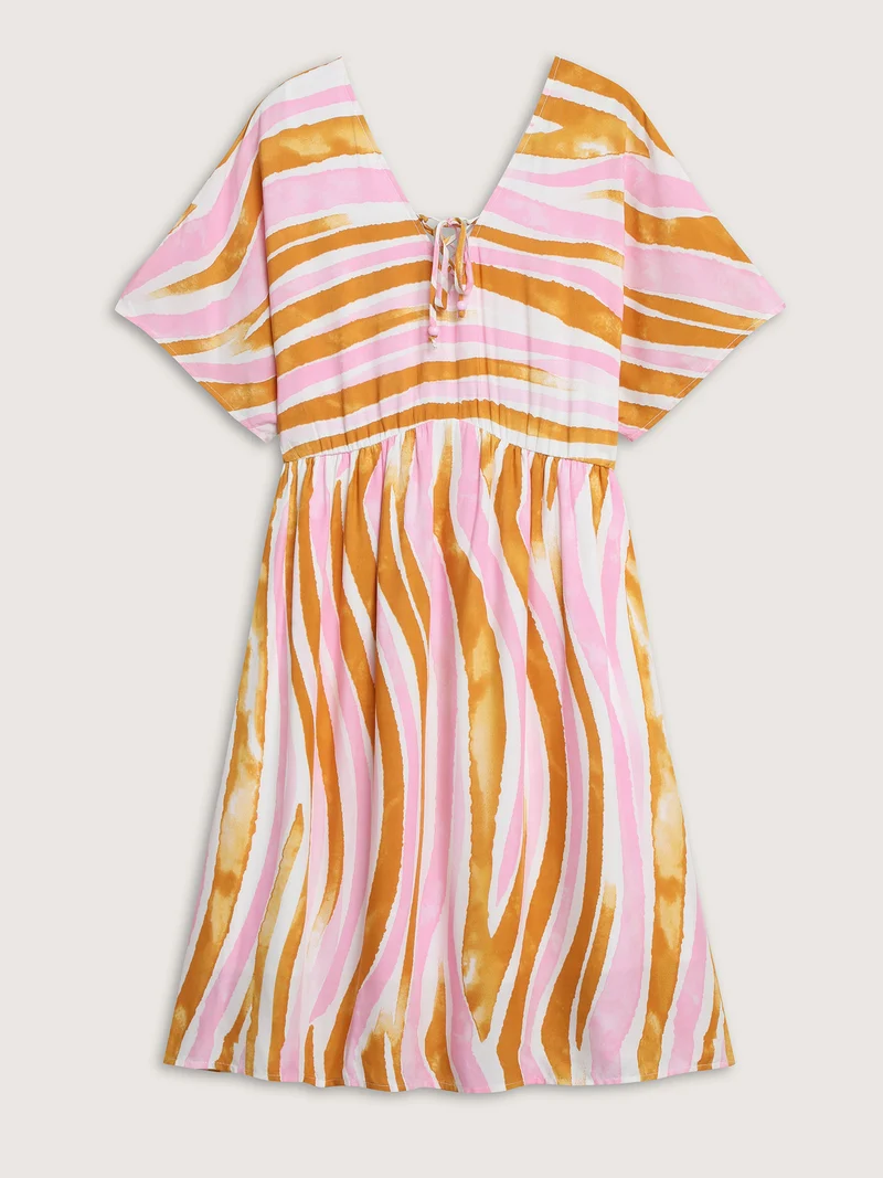 Wavy Stripes Neck Tie Tiered Midi Dress