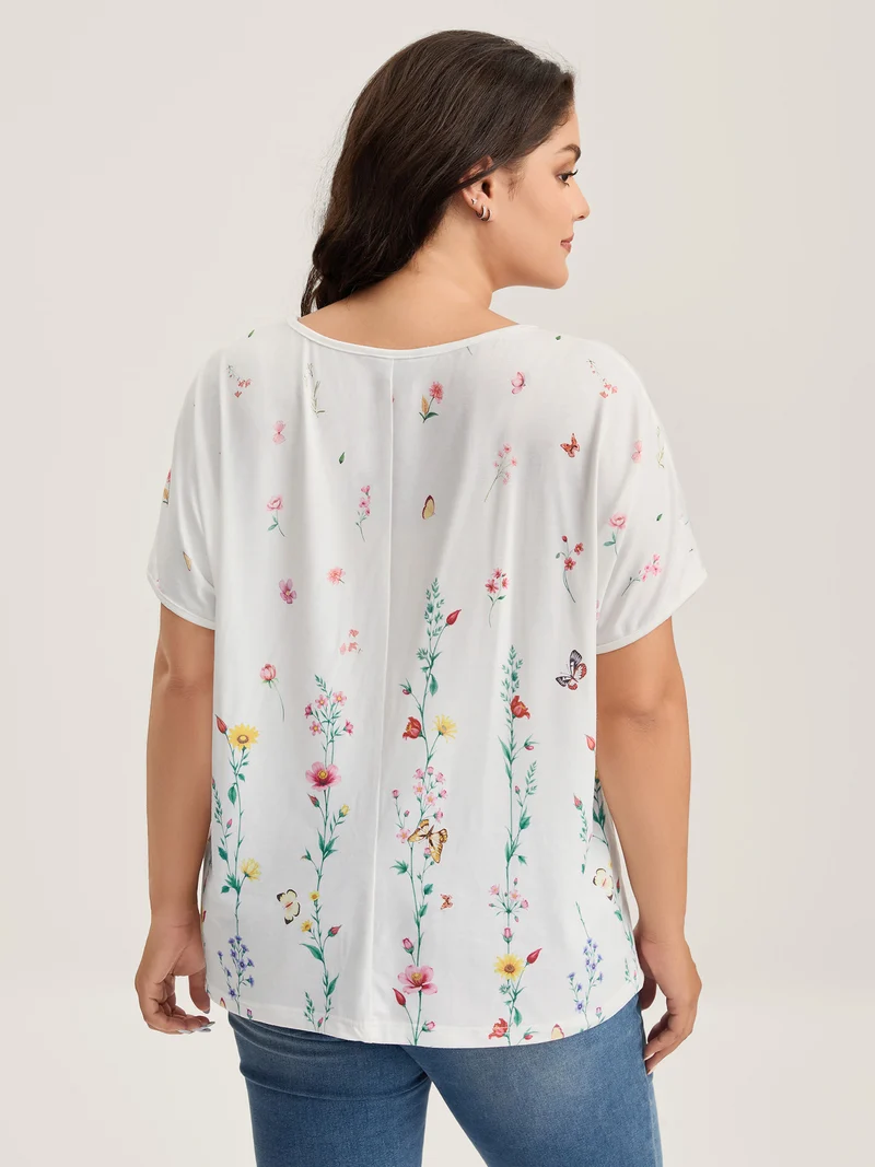 Stretchy Floral Print Round Neck T-Shirt