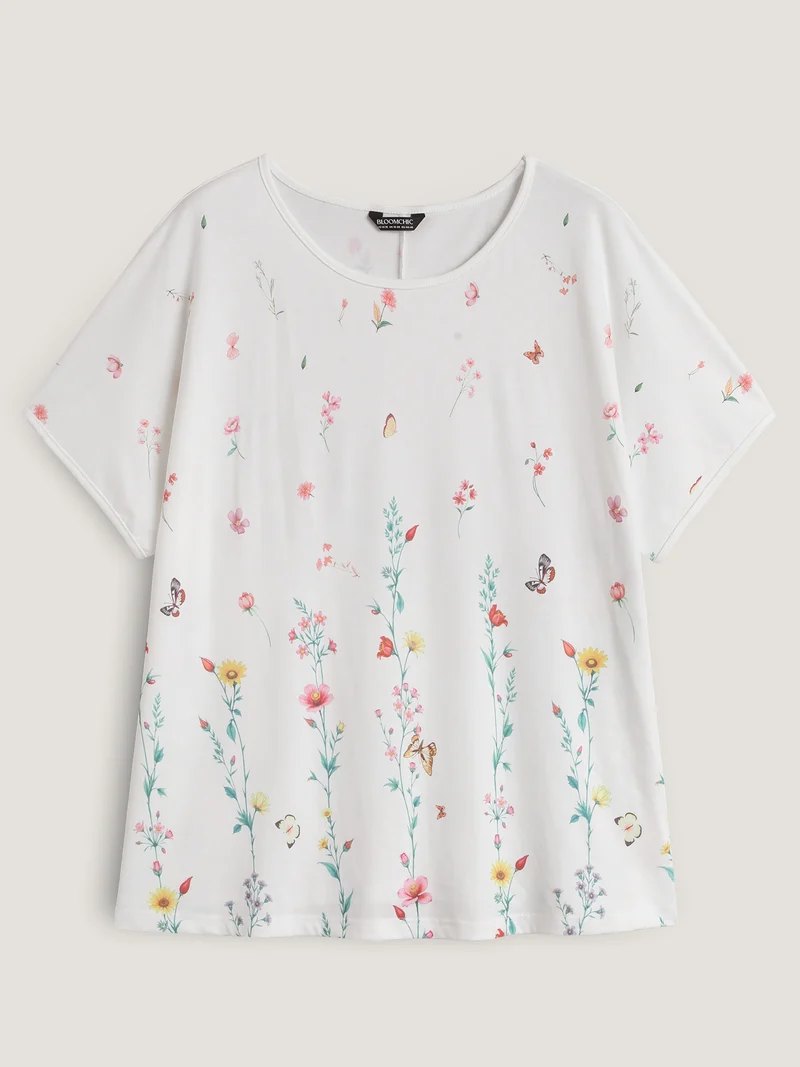Stretchy Floral Print Round Neck T-Shirt