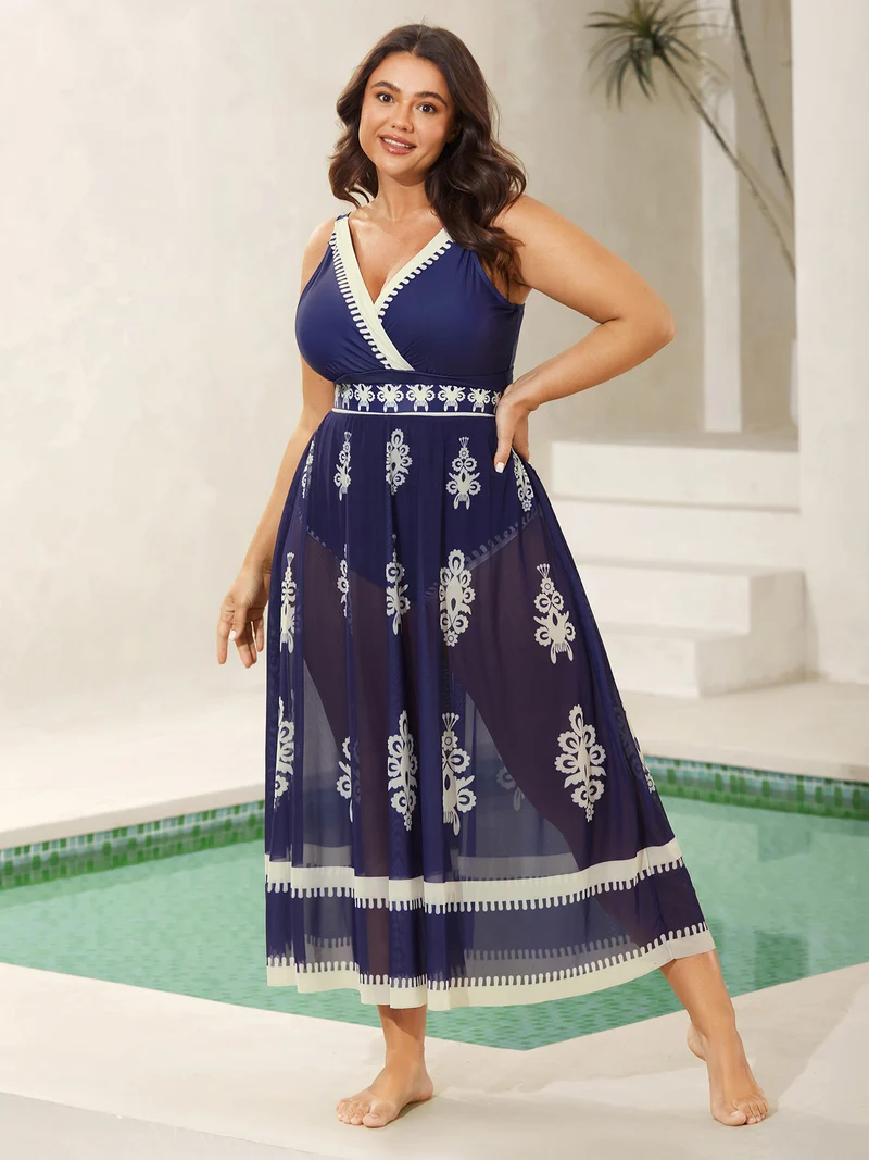 Two-Piece Boho Print Sarong Swimsuit