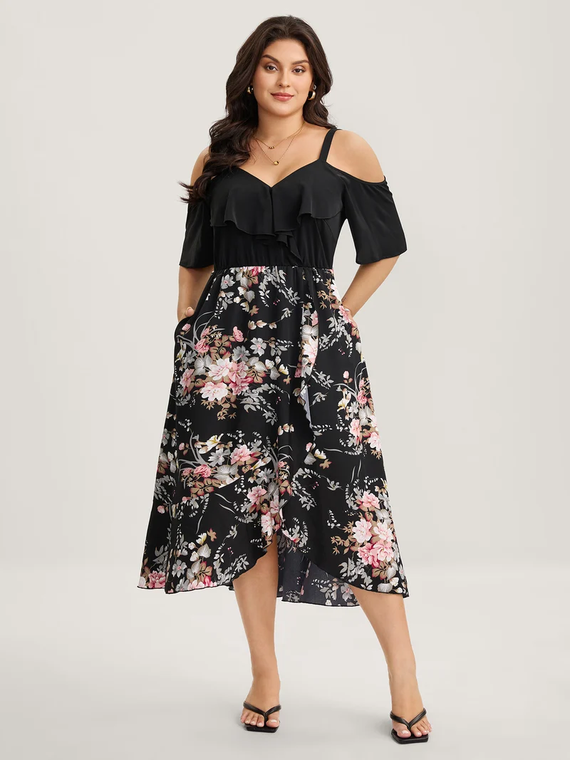 Floral Print Overlap Hem Ruffled Midi Dress