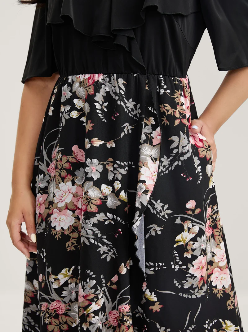 Floral Print Overlap Hem Ruffled Midi Dress