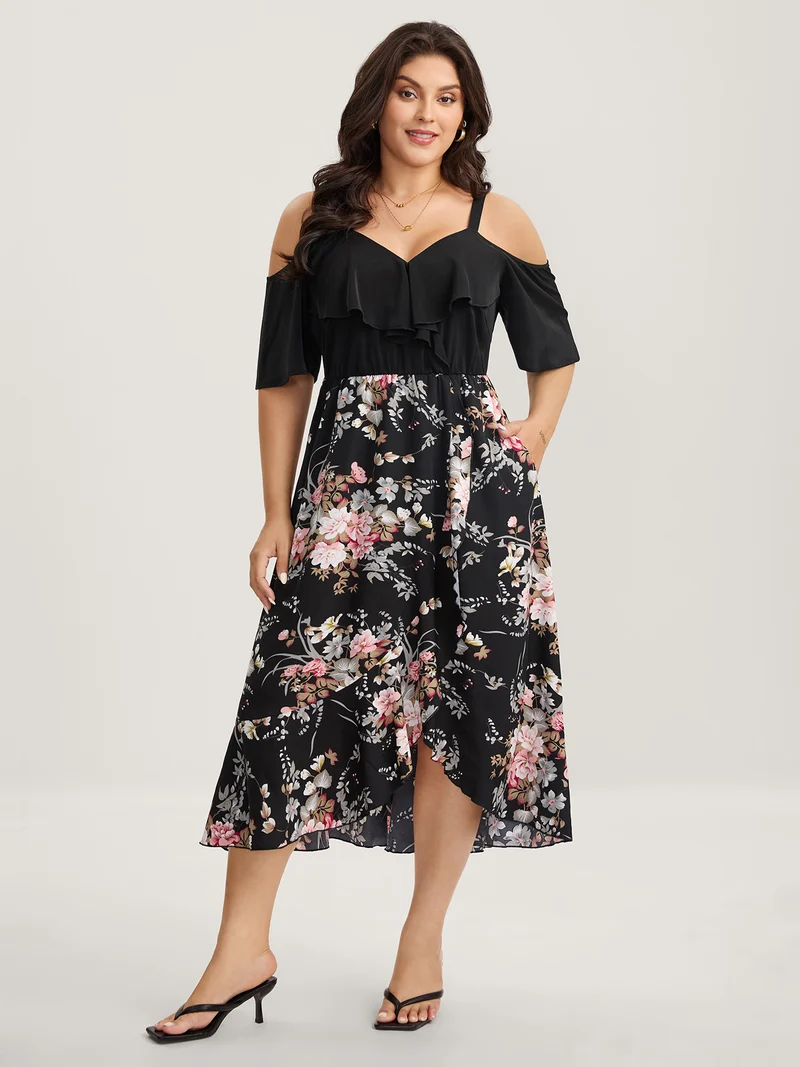 Floral Print Overlap Hem Ruffled Midi Dress
