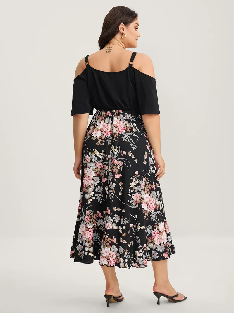 Floral Print Overlap Hem Ruffled Midi Dress