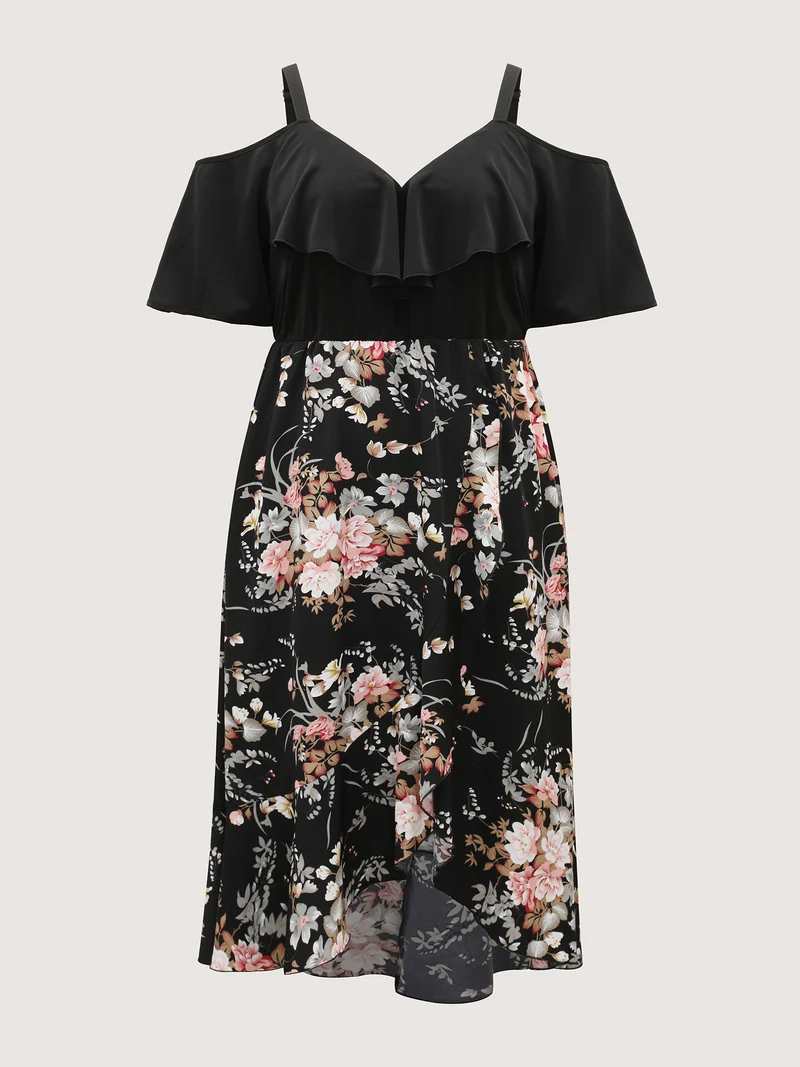 Floral Print Overlap Hem Ruffled Midi Dress